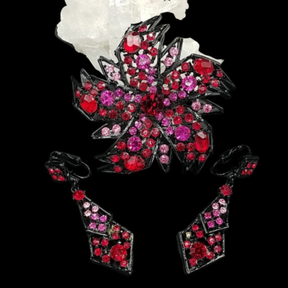 Vintage ART Arthur Pepper Red Pink Rhinestone Brooch Earring Set